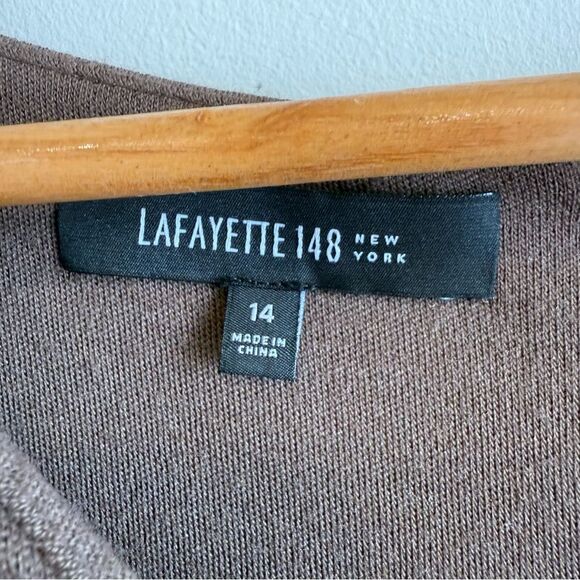 Lafayette 148 Brown 100% Wool Long Sleeve Faux Wrap Midi Dress Size 14 - Picture 6 of 7